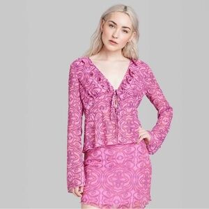 Retro Going Out Geo Print Chiffon Tie Top & Mini Skirt Co-Ord 2 pc Matching Set